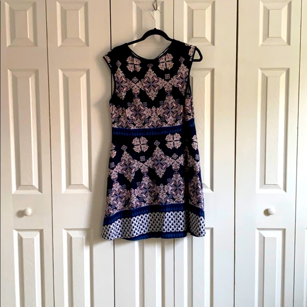 Shift dress: Navy blue, teal and pink pattern